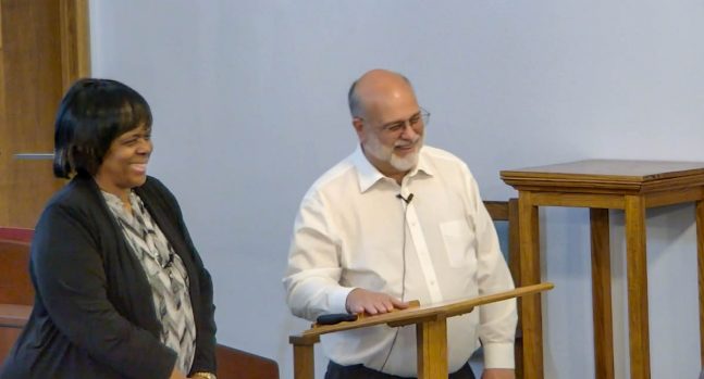 Patricia Andrews-Pierre and Pastor Dale Barnhurst answer questions during the discussion portion of a MindFit session.
