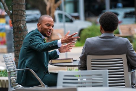 With the nice weather, people took advantage of the outdoor seating at the convention center.